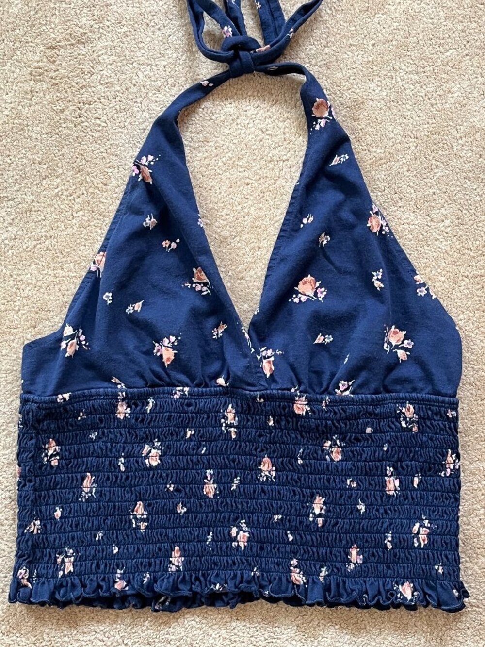 American Eagle Women's Halter Smocked Navy Floral Crop Top L Beach Festival Boho